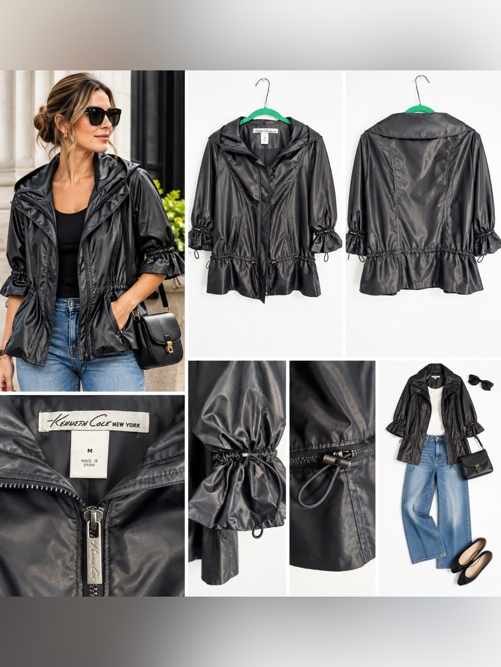 Kenneth Cole New York Black Ruffle Drawstring Cropped Sleeve Jacket M